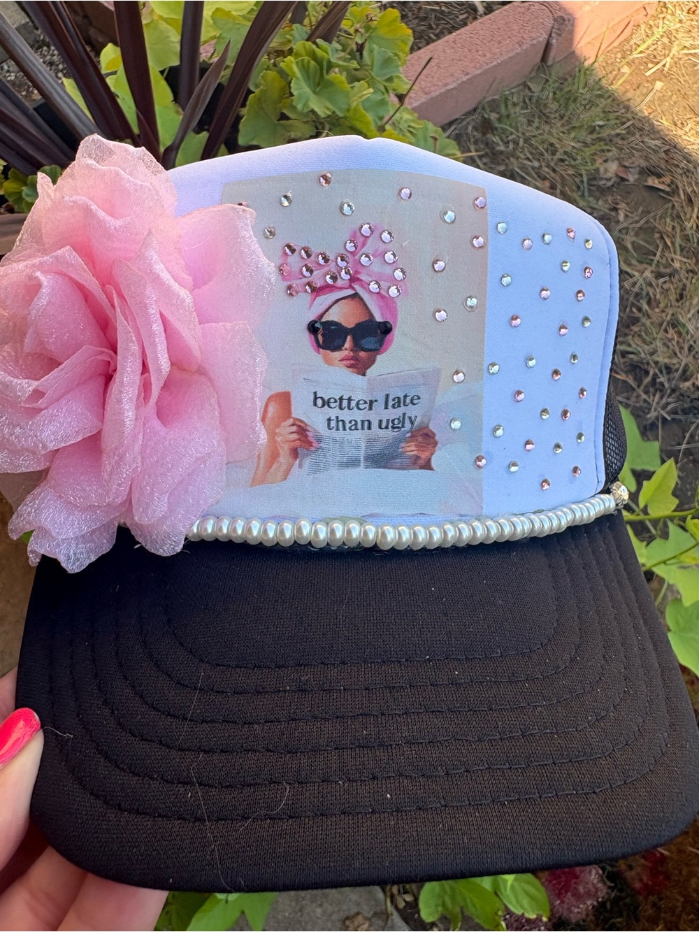 Pink Floral Accent  Trucker Hat with Rhinestones